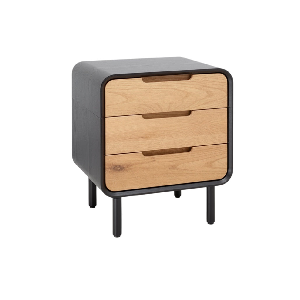 Modern Three-Drawer Nightstand with Wood and Metal Finish