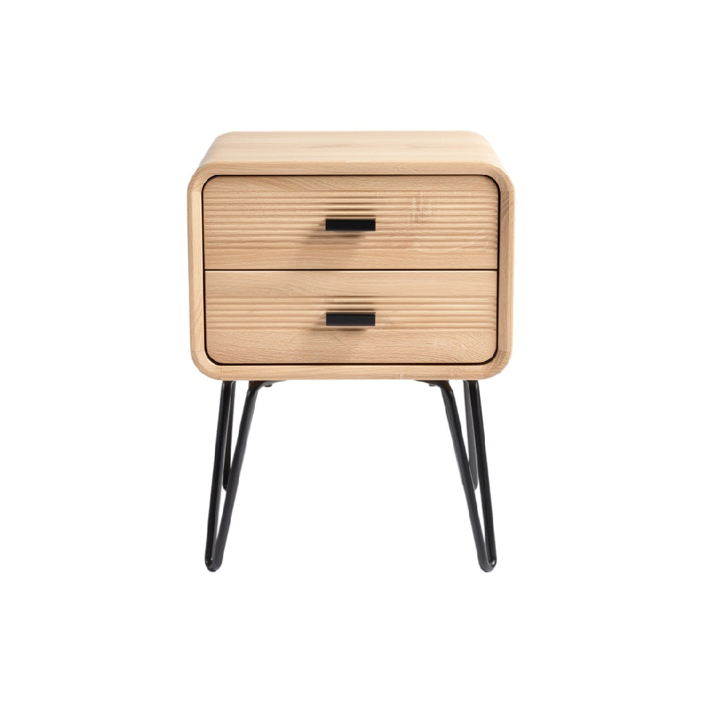 Minimalist Wooden Nightstand with Black Metal Legs and Two Drawers